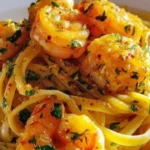 Lemon Butter Shrimp Pasta garnished with herbs and lemon slices