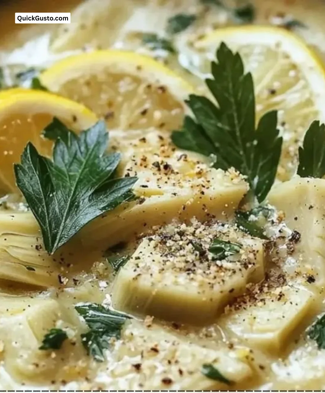 Bowl of Lemony Tuscan Artichoke Soup garnished with herbs.