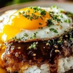 Delicious loco moco with rice, hamburger patty, and gravy served in a bowl