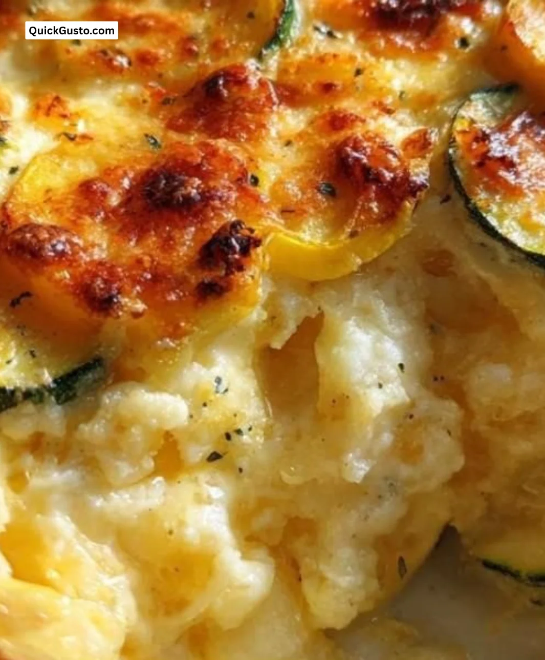 Low-carb squash casserole topped with cheese and herbs in a baking dish