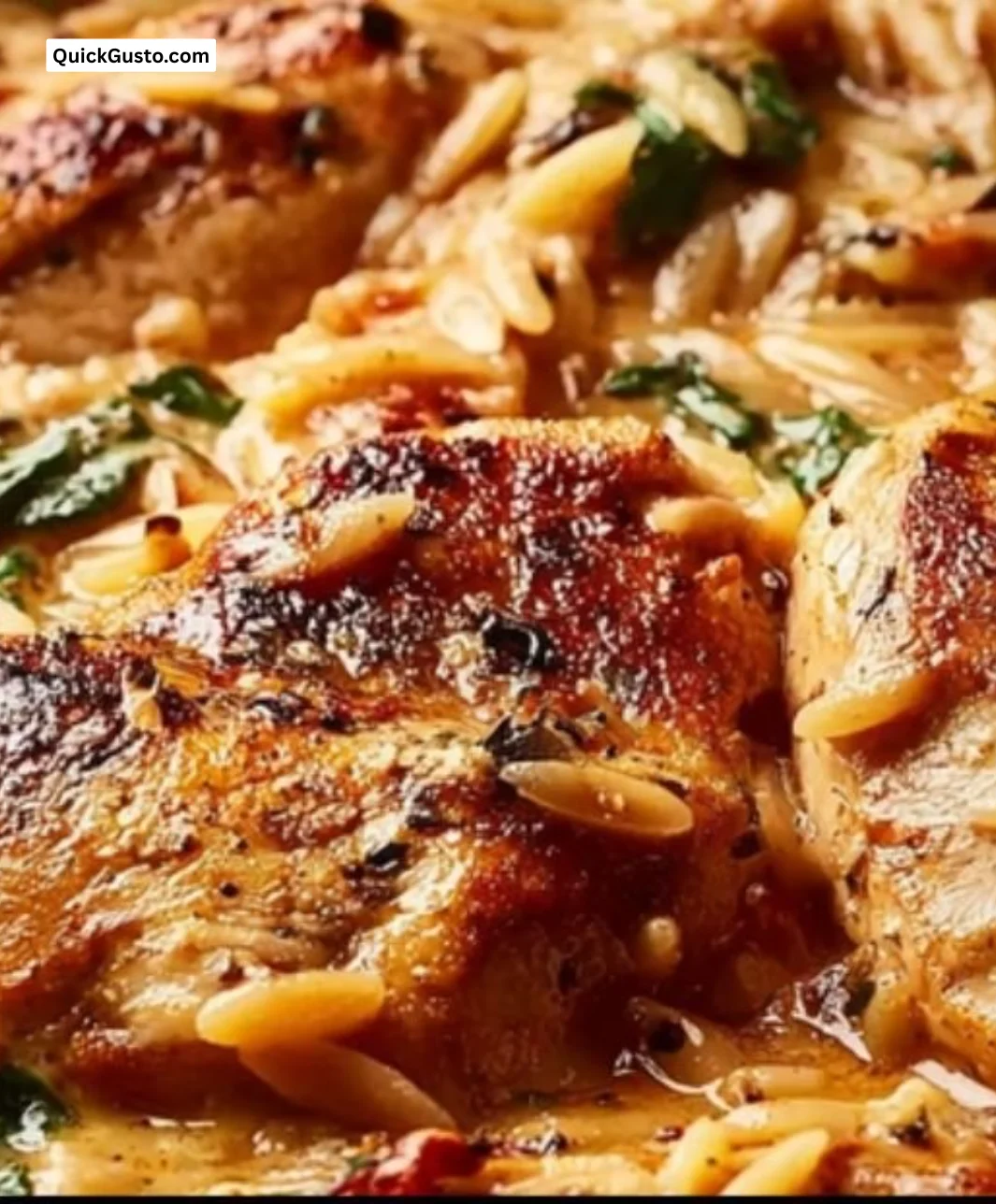 Creamy Marry Me Chicken Orzo dish with herbs and vegetables.