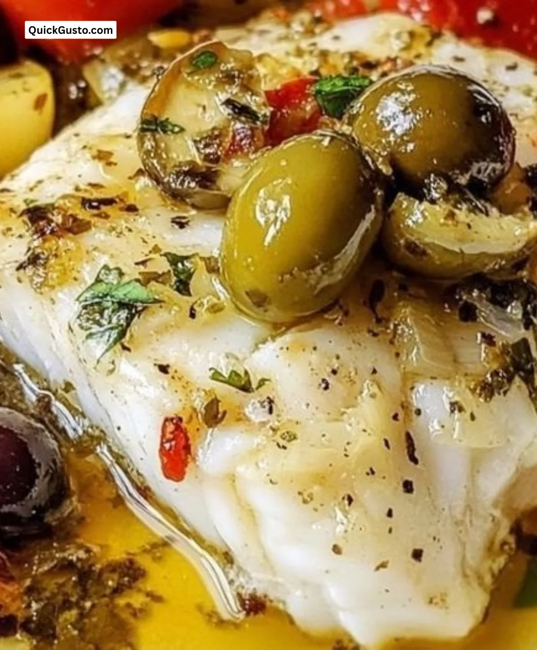 Mediterranean baked cod garnished with olives and herbs on a plate