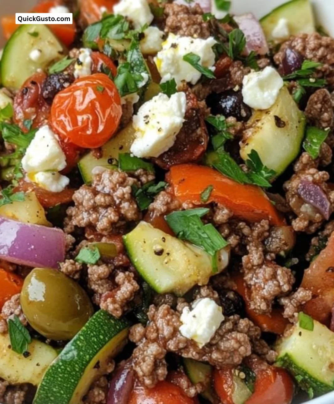 Mediterranean ground beef stir-fry with colorful vegetables and spices