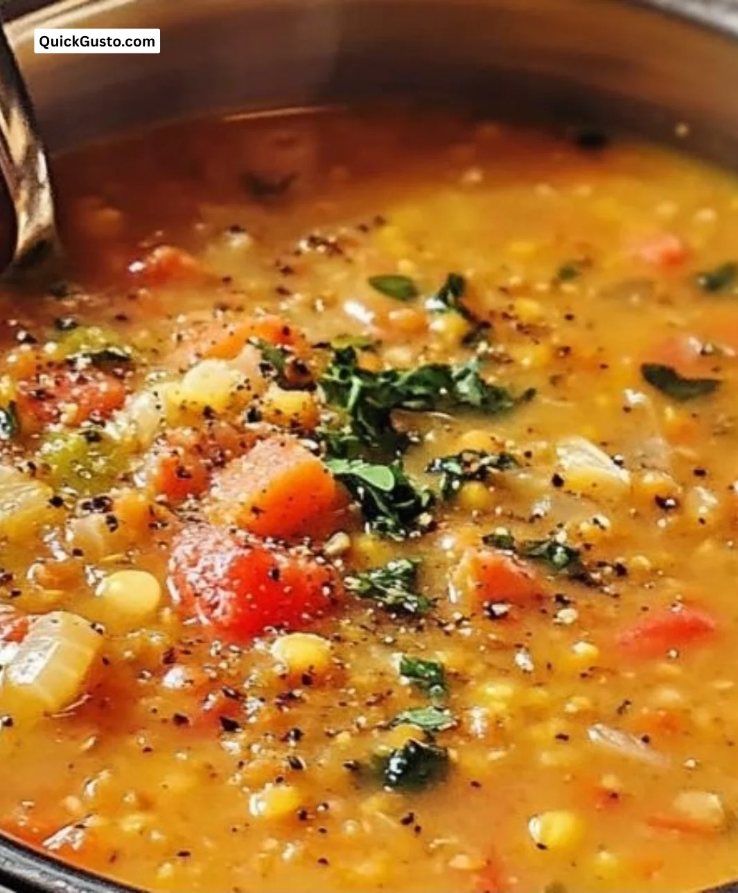 Bowl of Mediterranean Lentil Soup garnished with herbs and spices