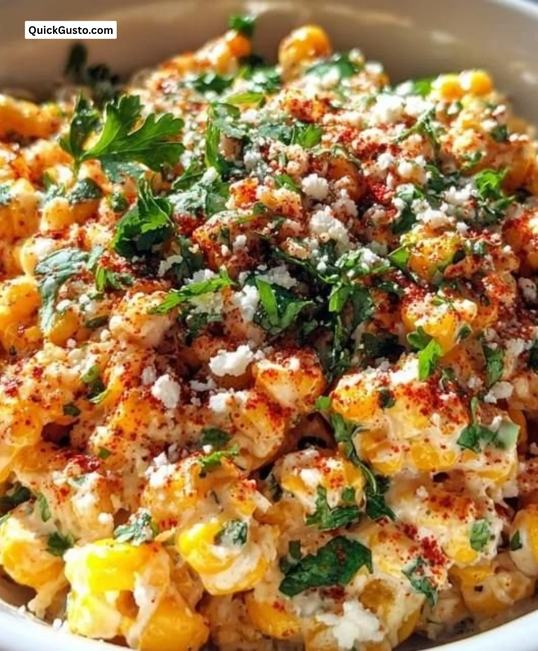 Colorful Mexican Street Corn Salad with corn, cheese, and spices