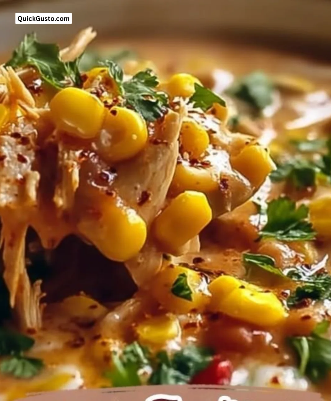 Bowl of Mexican Street Corn White Chicken Chili topped with fresh cilantro