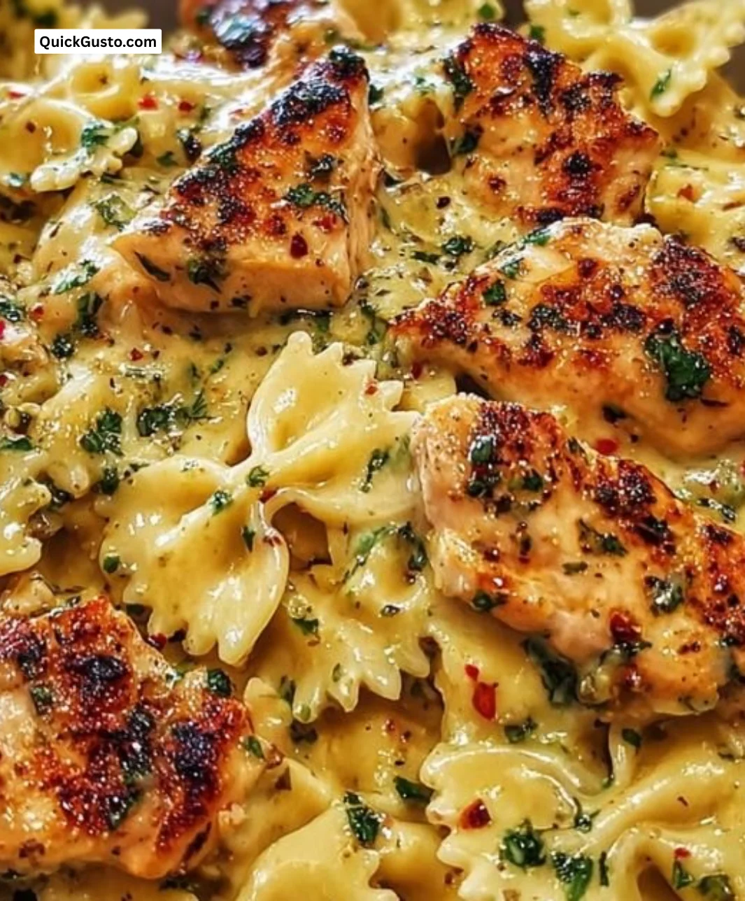 Mozzarella Garlic Butter Chicken Bowties in Cheesy Cream dish