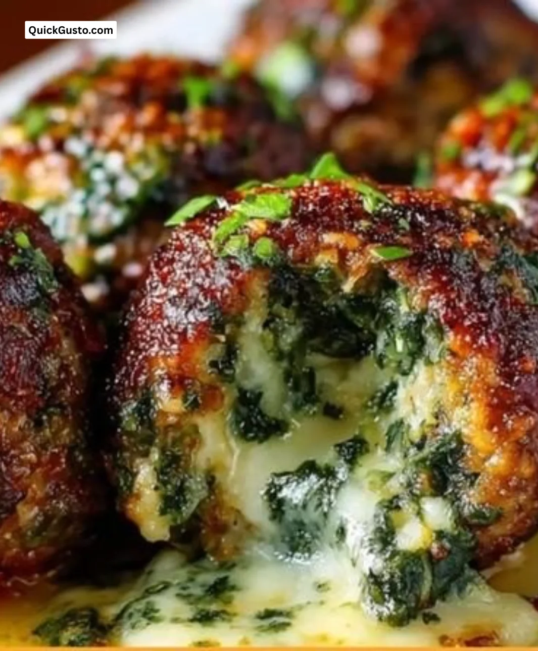Plate of mozzarella-stuffed spinach and garlic meatballs garnished with herbs.