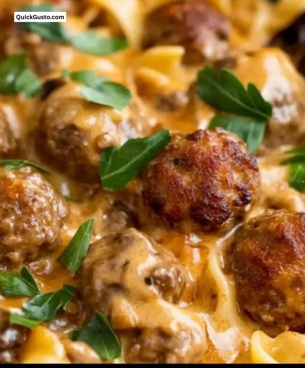 One-pan meatball stroganoff with creamy sauce and pasta in a skillet