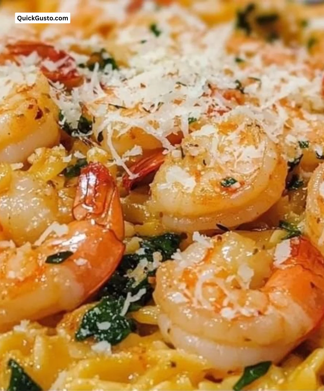 One pan dish of Parmesan Orzo with Shrimp garnished with herbs