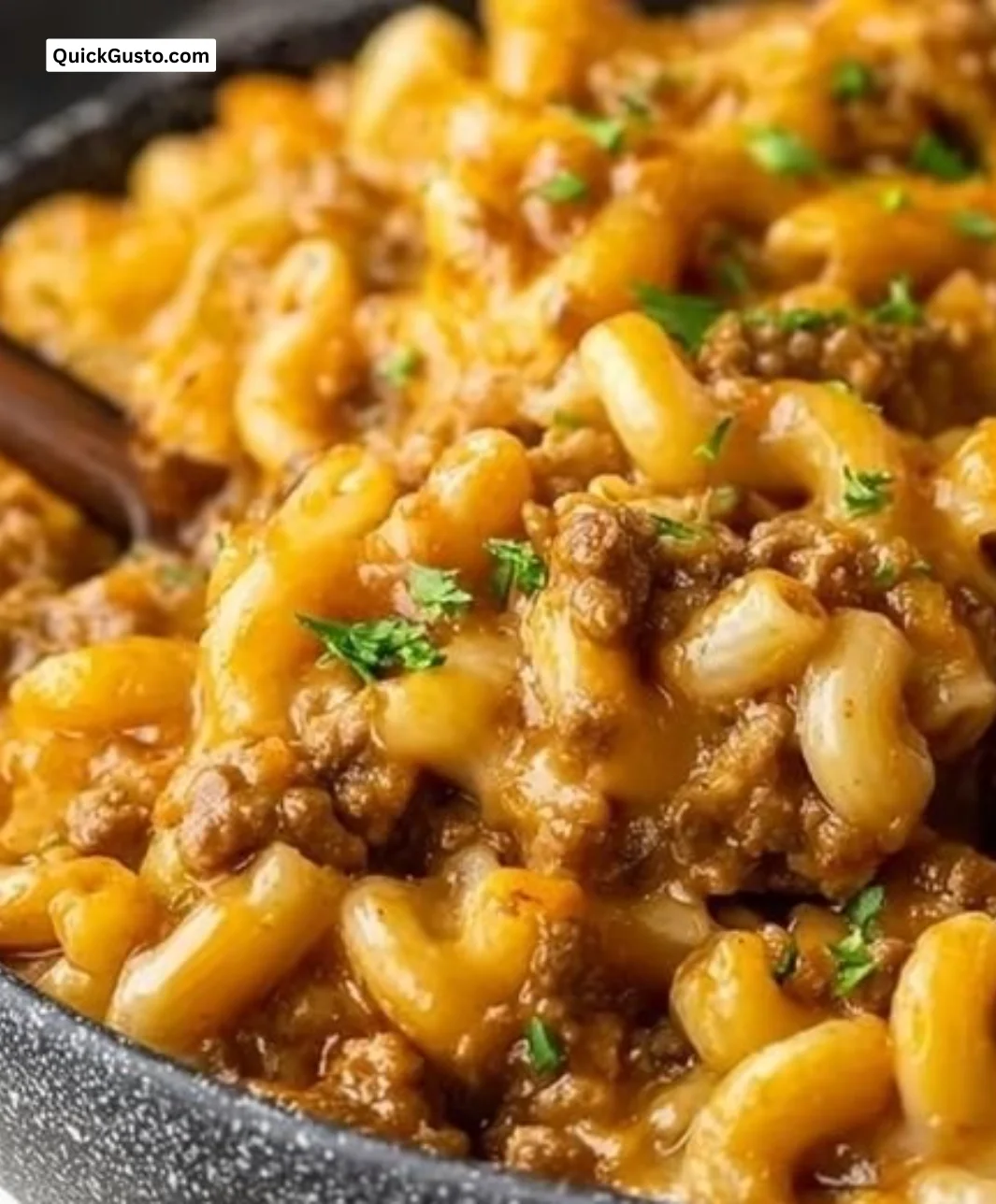 Creamy One-Pot Cheeseburger Macaroni served in a bowl