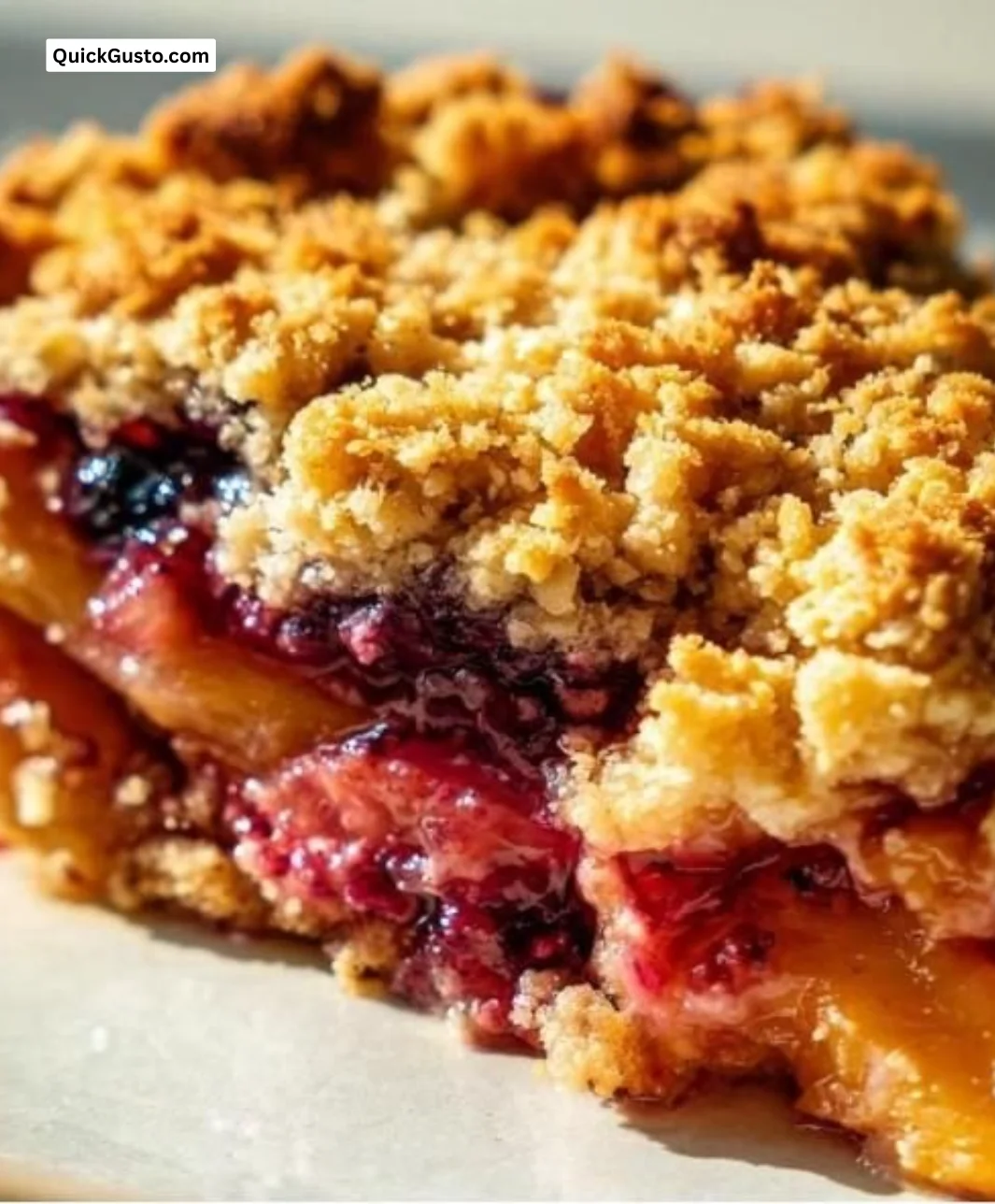 Delicious Peach Blueberry Crisp dessert with a crumbly topping