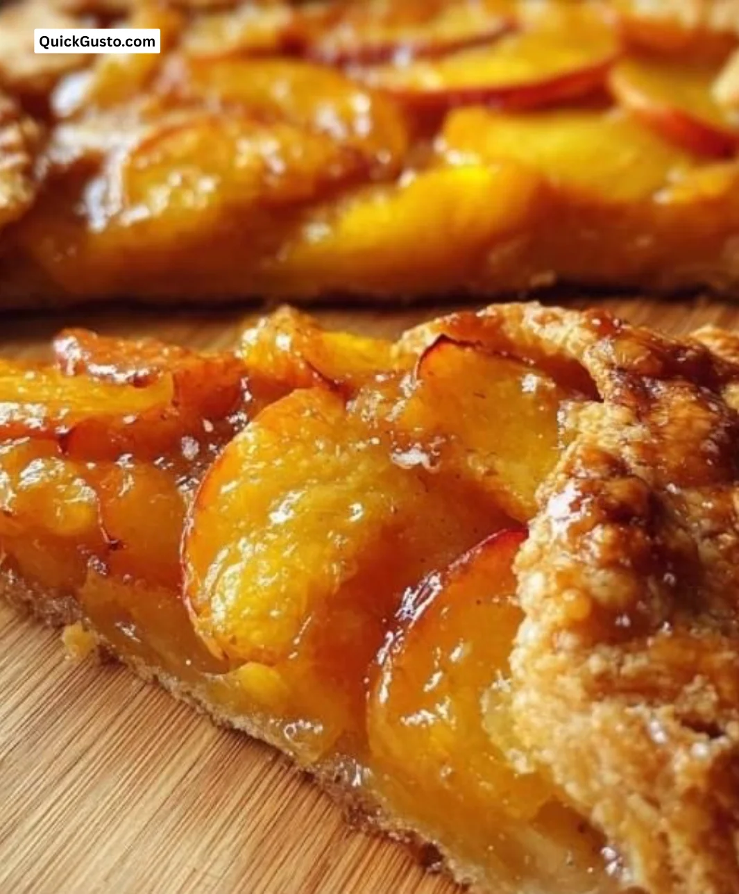 Delicious peach galette dessert with a flaky crust and ripe peaches.