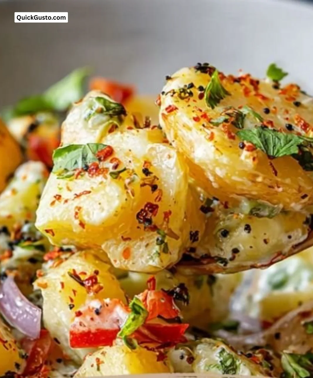 Delicious Turkish potato salad with fresh herbs and colorful vegetables.
