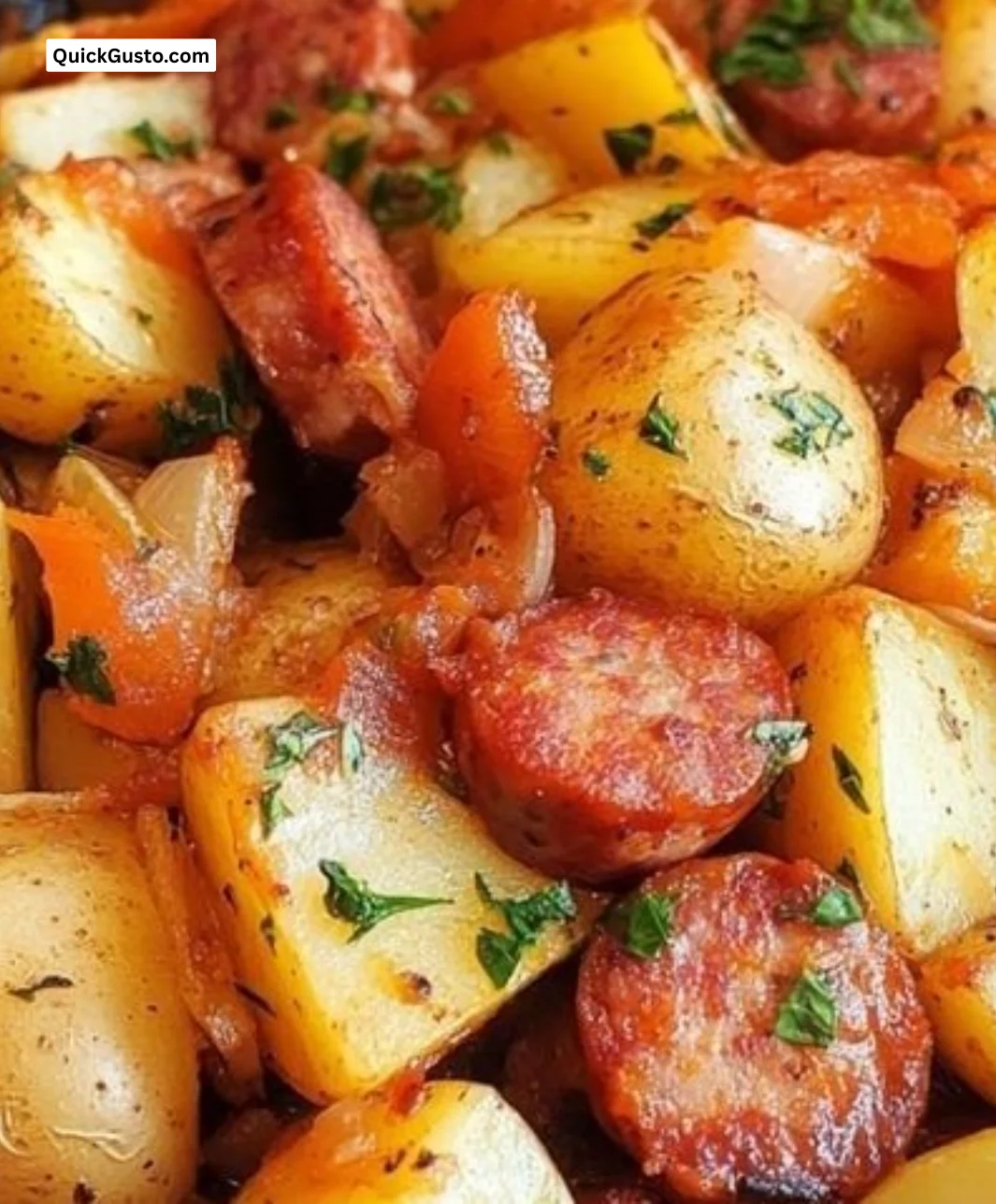 Cooking a hearty Potatoes And Sausage Skillet in a cast iron pan.