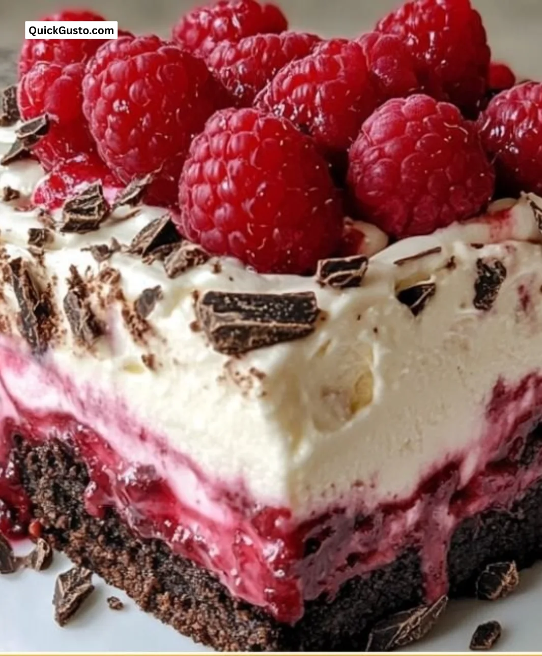 Delicious Raspberry Chocolate Lasagna with layers of chocolate and raspberries