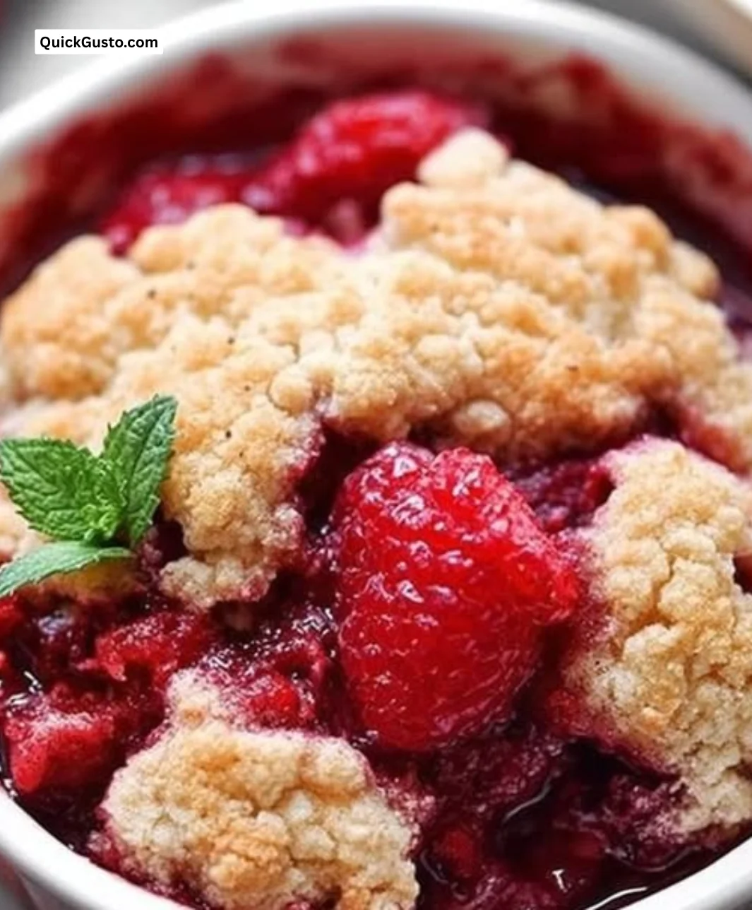 Freshly baked raspberry cobbler topped with a scoop of vanilla ice cream.