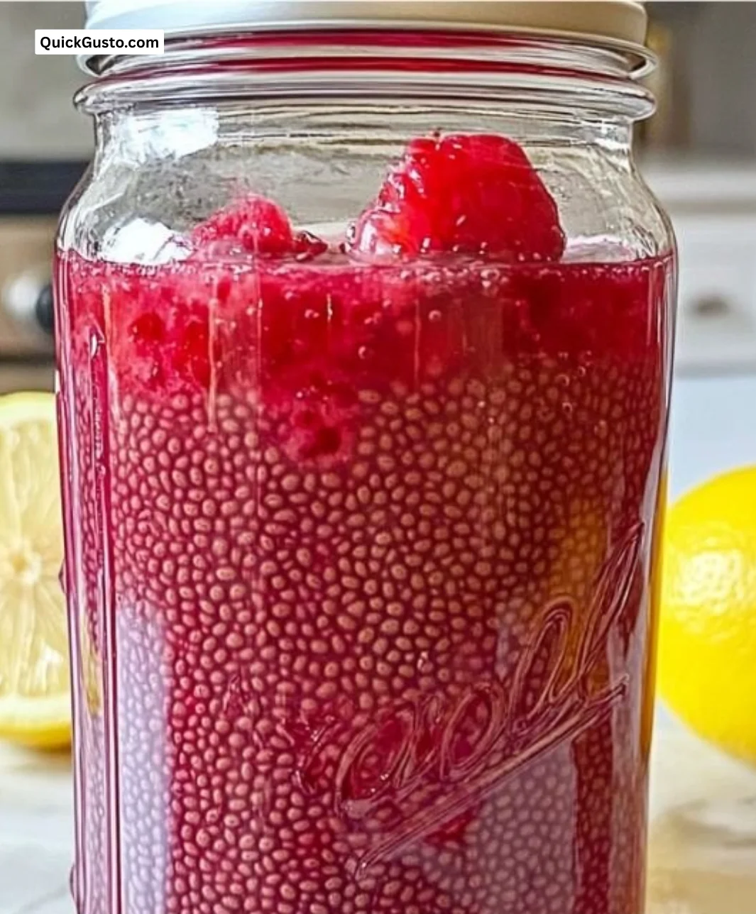 Raspberry Lemon Chia Seed Water in a glass, garnished with fresh raspberries and lemon slices.
