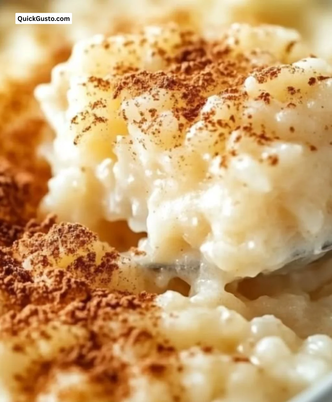 Delicious homemade rice pudding in a bowl with a sprinkle of cinnamon.