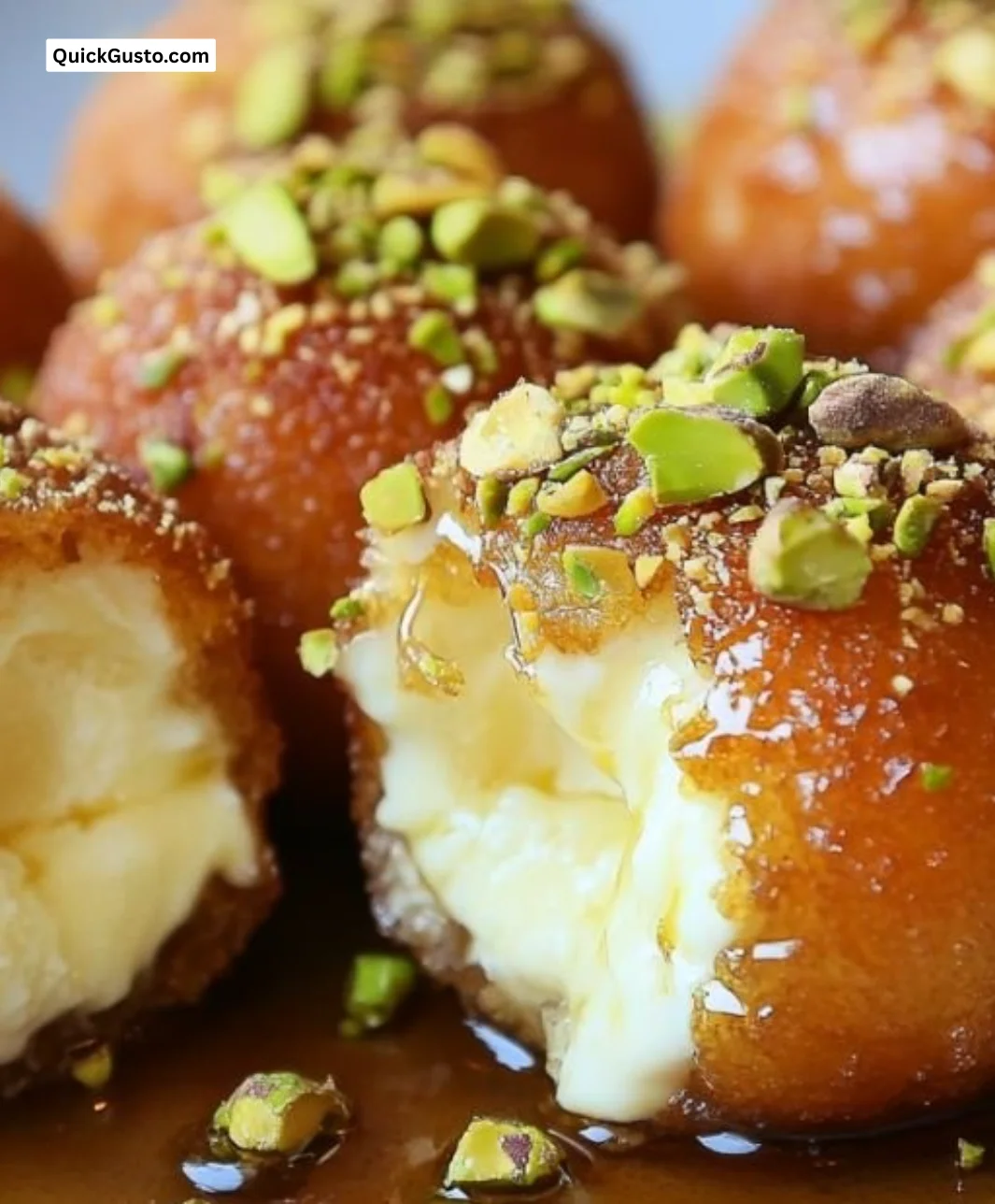 Delicious Ricotta Pistachio Honey Bites topped with honey and pistachios