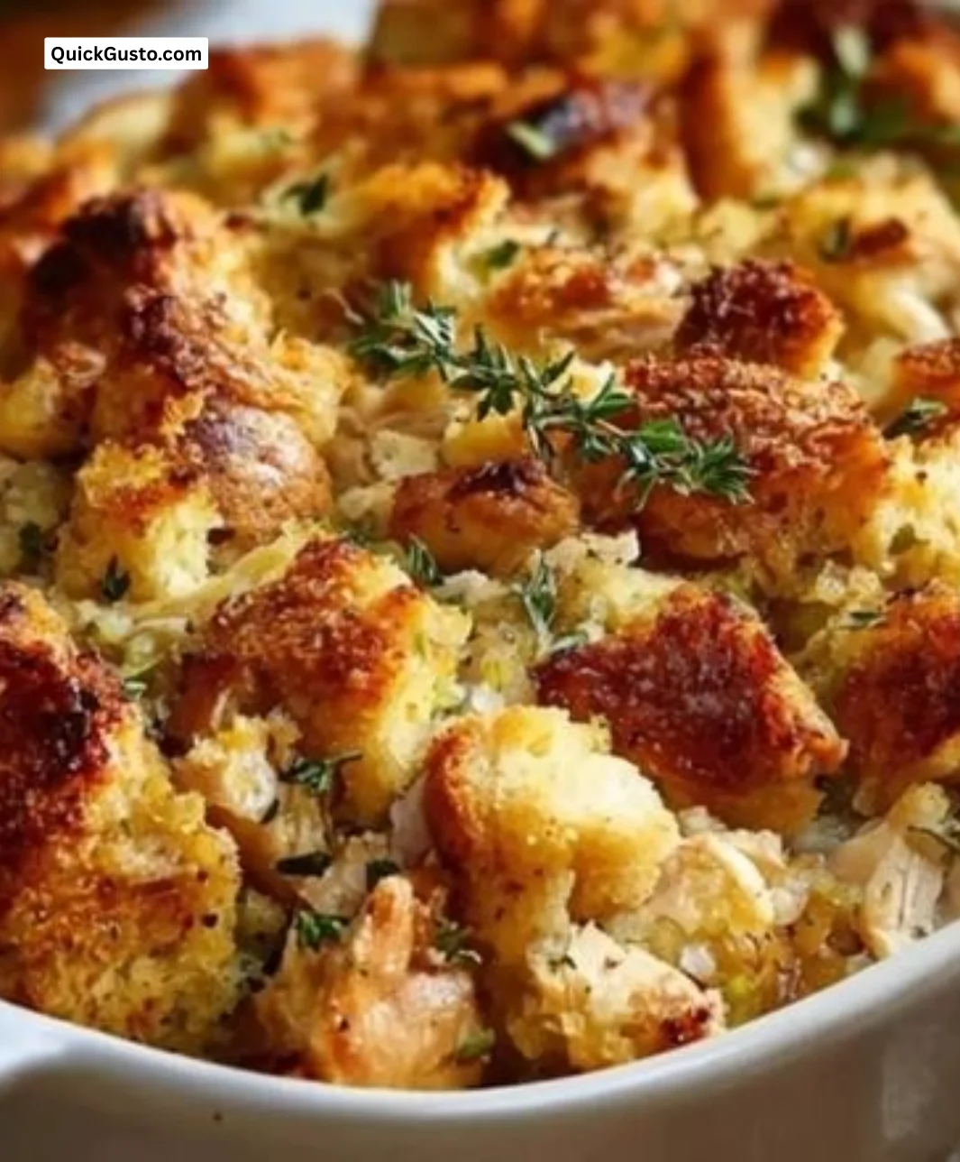 Delicious rotisserie chicken and stuffing casserole baked in a dish