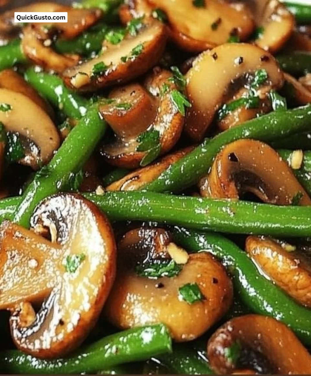 Delicious sautéed mushrooms and green beans served in a bowl