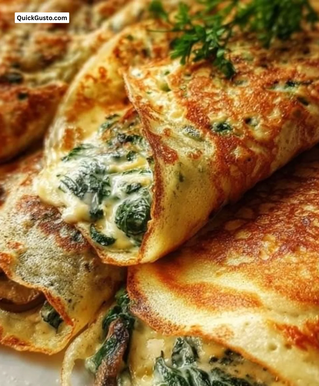 Savory spinach cheese crepes filled with creamy cheese and fresh spinach.