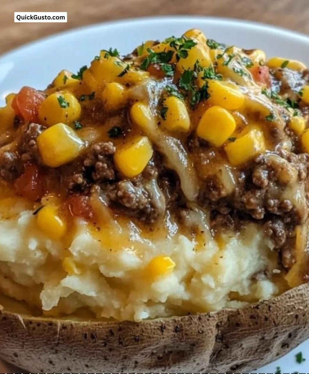Shepherd's Pie Baked Potato topped with creamy mashed potatoes and vegetables