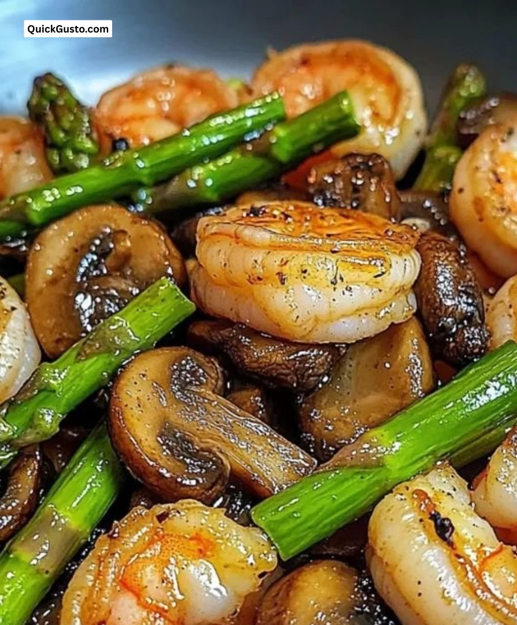Shrimp stir-fry with asparagus and mushrooms in a vibrant, colorful dish
