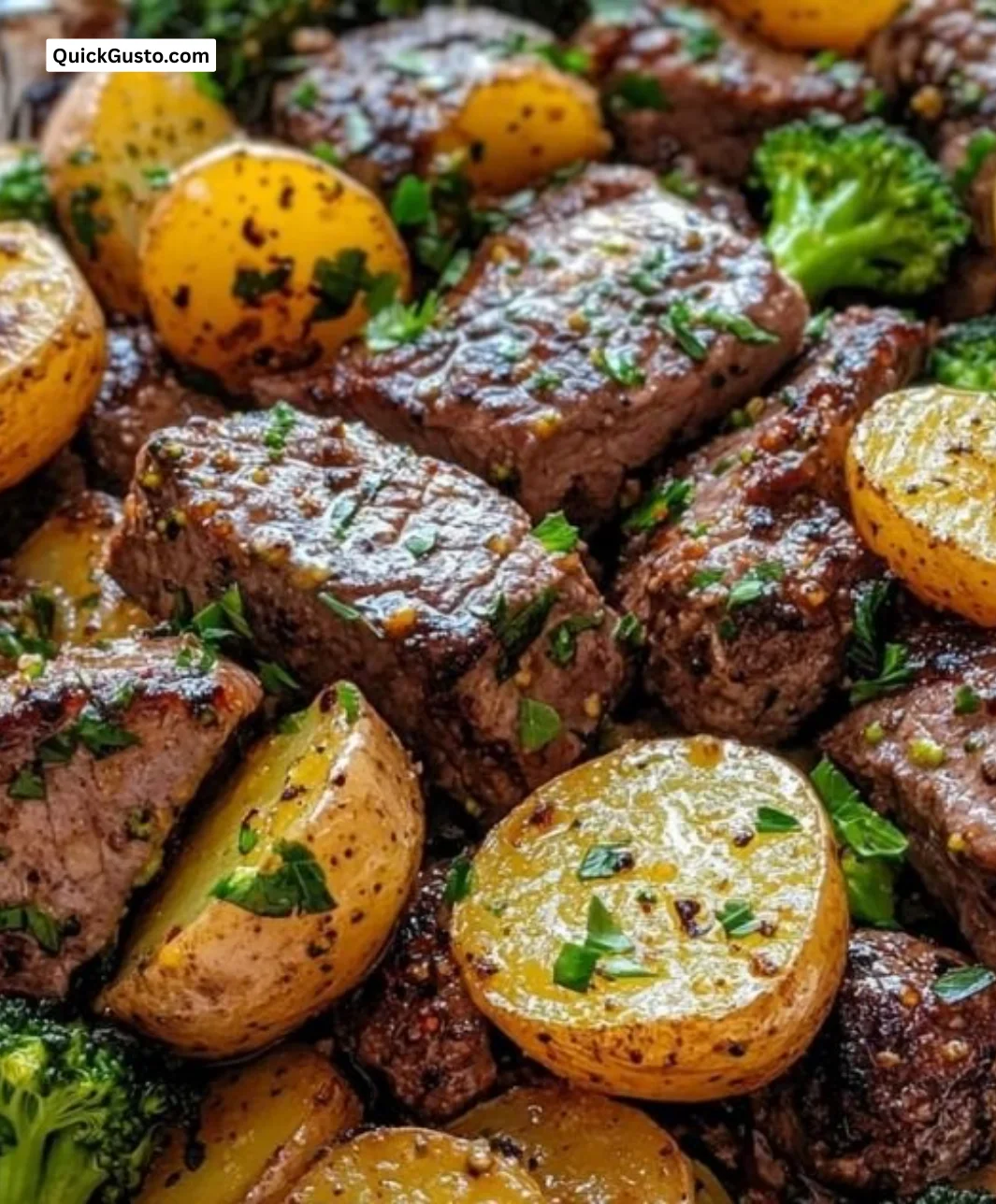 Sizzling homemade potato steak and broccoli foil pack ready to be served.