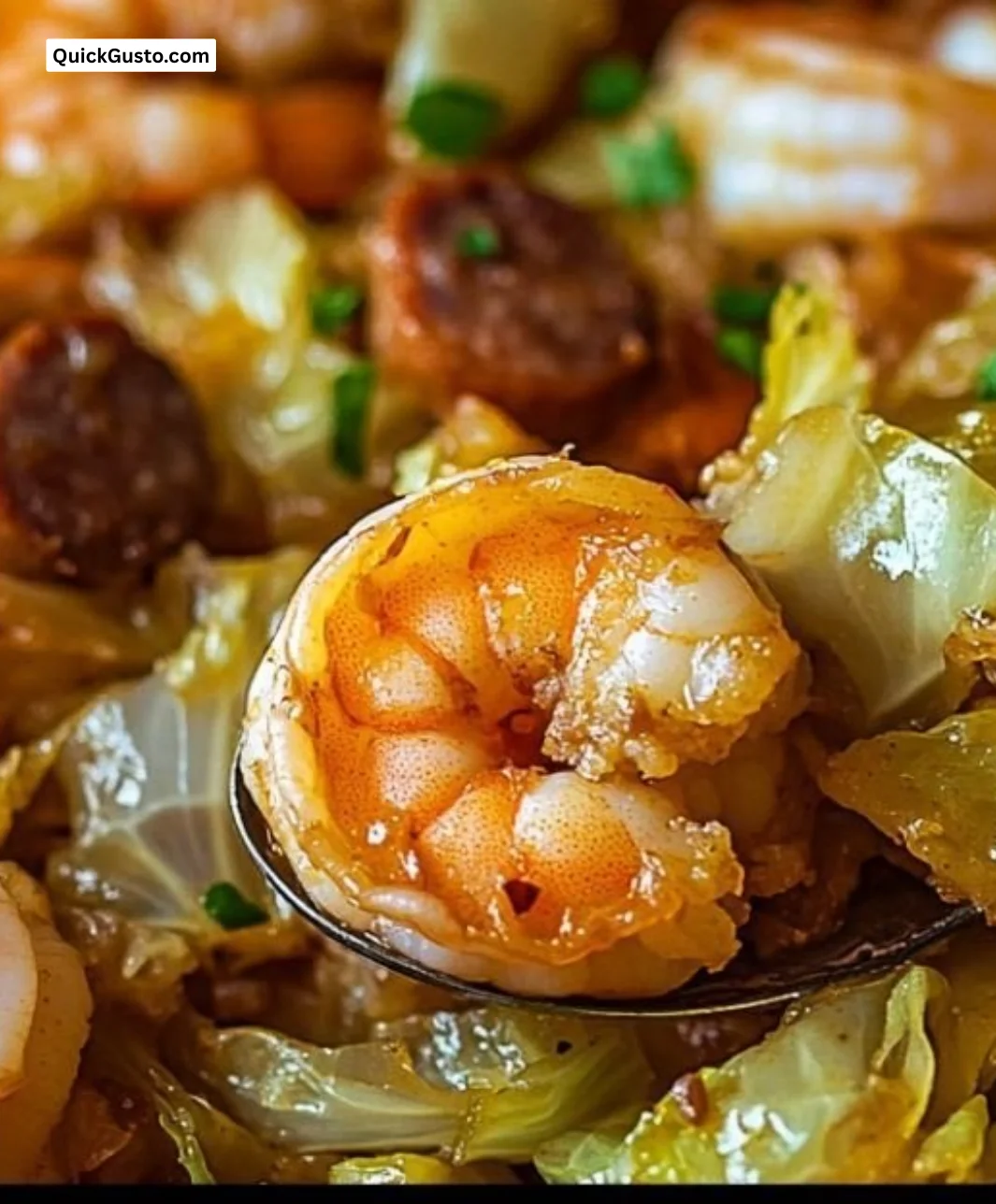 Delicious Smoky Cabbage served with shrimp and sausage in a bowl