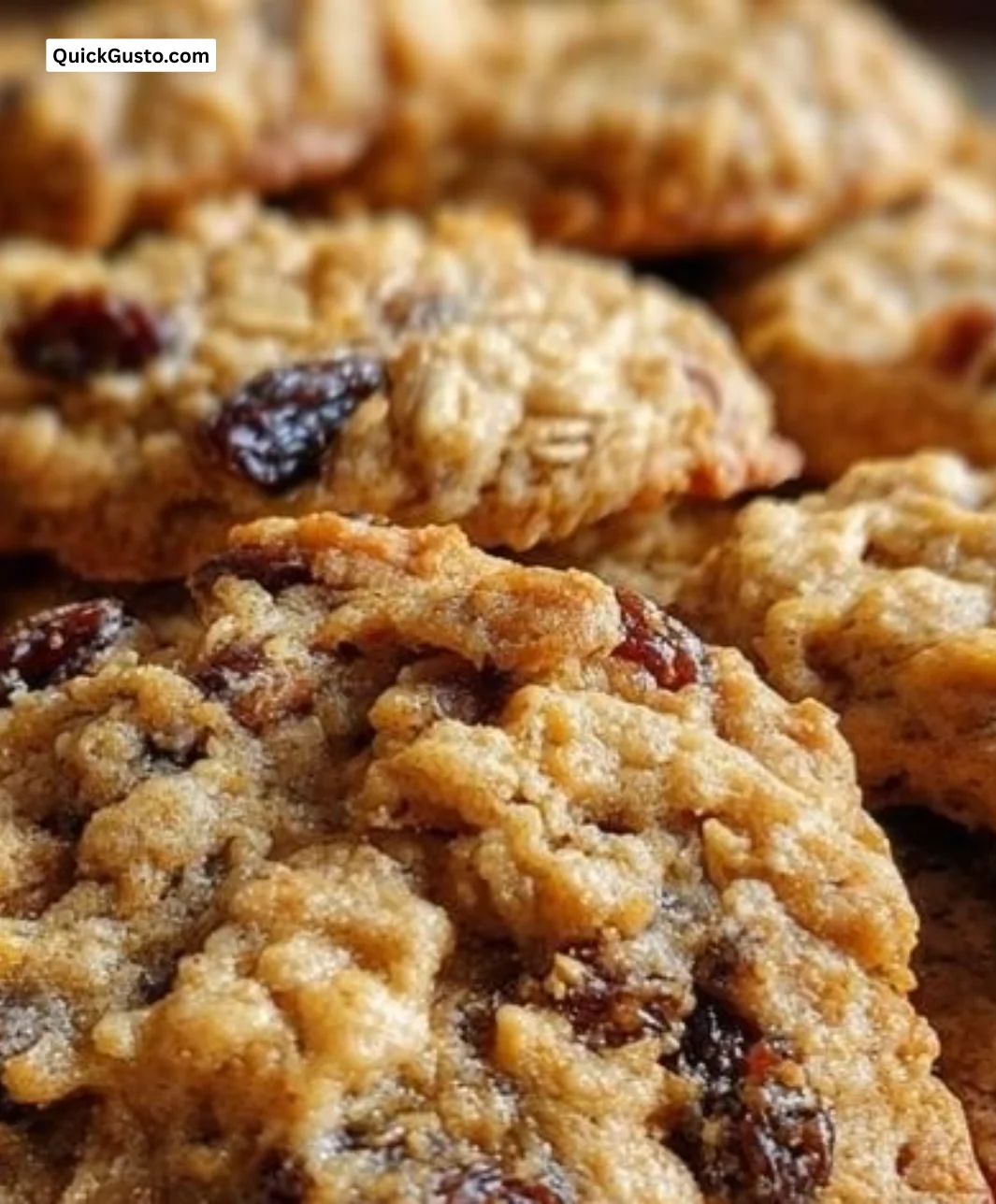Soft-baked oatmeal raisin cookies on a cooling rack with a rustic background.