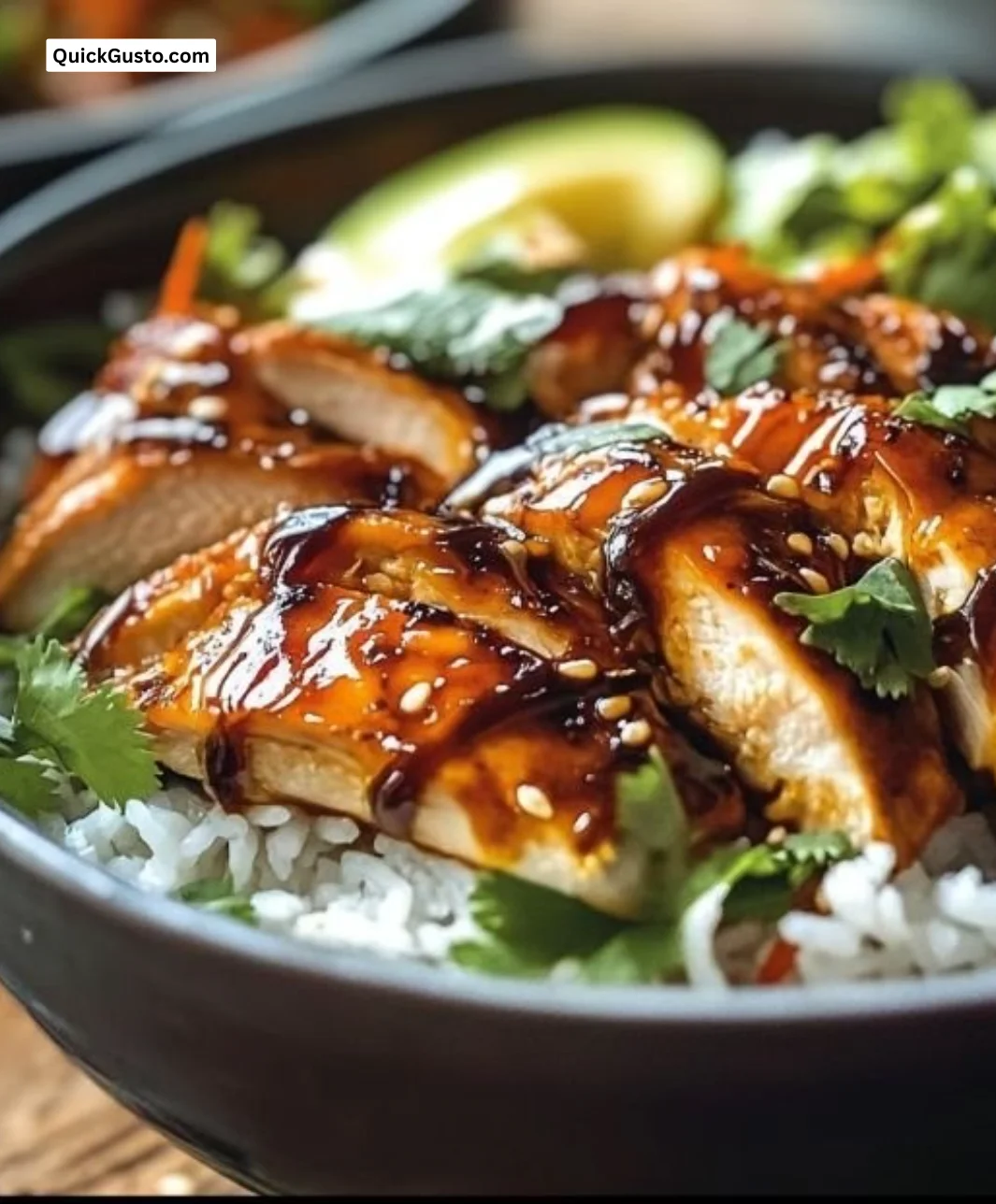 Delicious bowl of spicy honey-ginger chicken with vegetables and rice