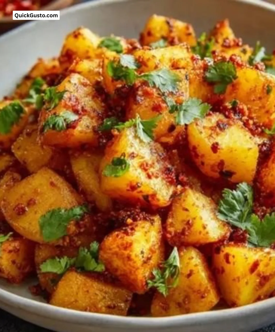 Delicious Spicy Mexican-Style Street Potatoes garnished with herbs and spices.