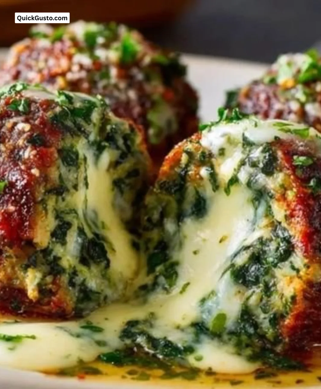 Spinach garlic meatballs filled with mozzarella cheese served on a plate