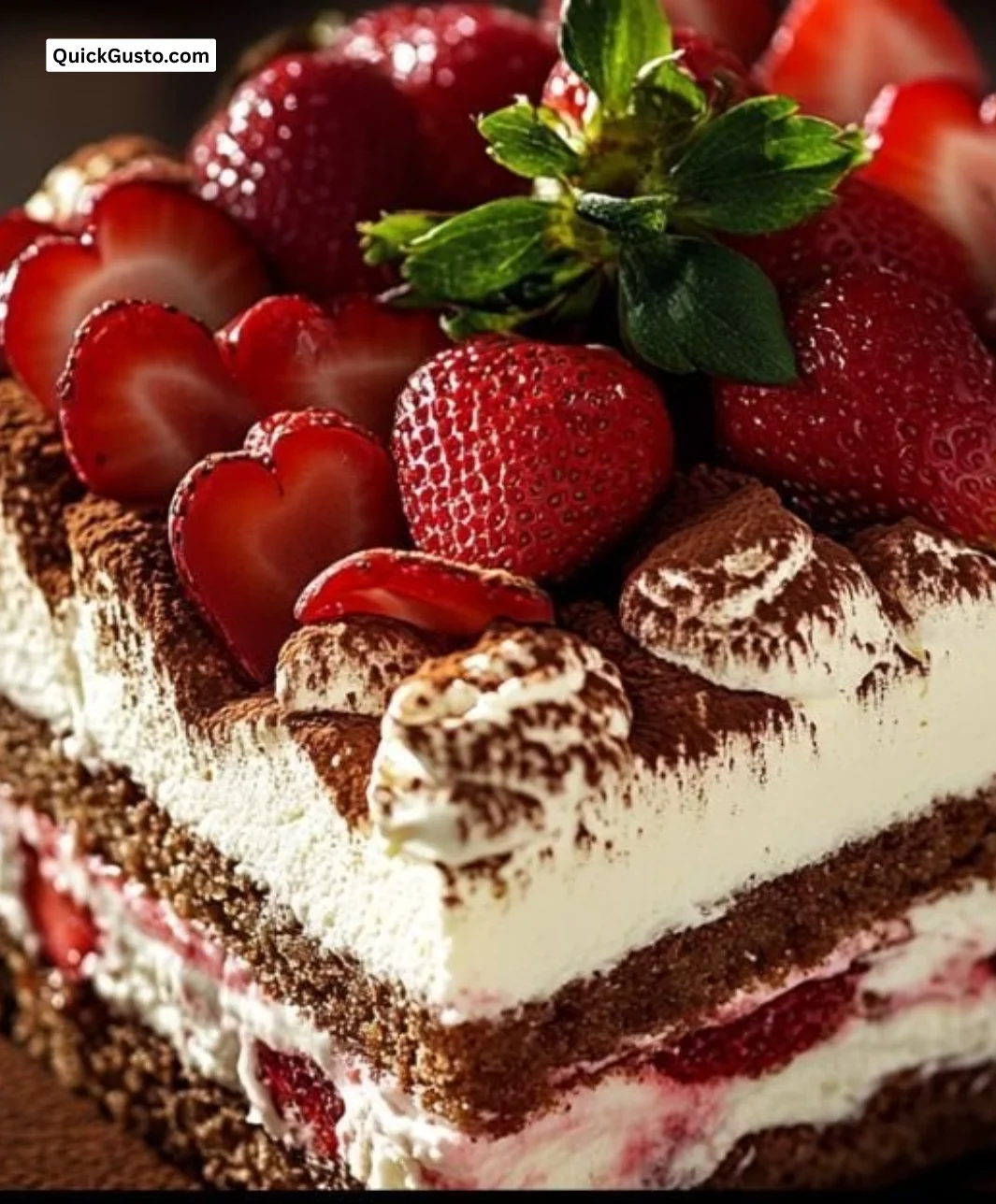 Delicious strawberry tiramisu dessert with fresh strawberries and creamy layers.
