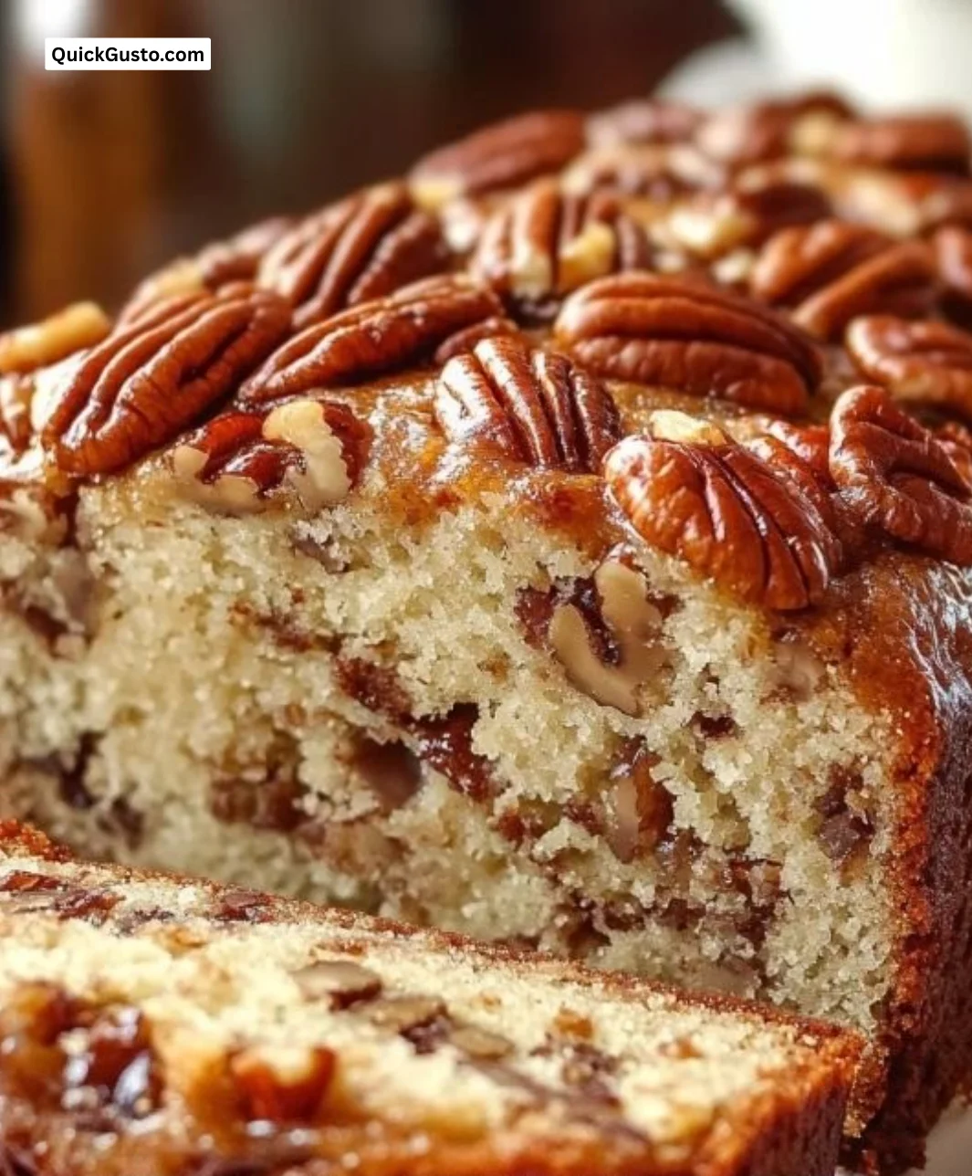 Loaf of Sweet Alabama Pecan Bread with nuts on a wooden table