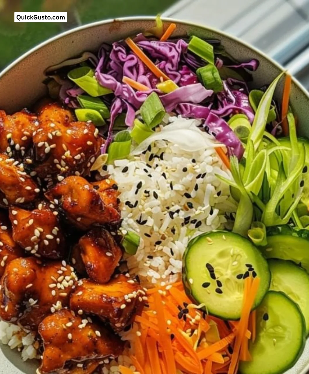 Sweet Chili Chicken Rice Bowls with vibrant vegetables and garnishes.