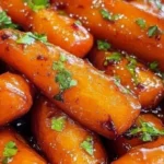 Plate of sweet honey glazed carrots garnished with herbs