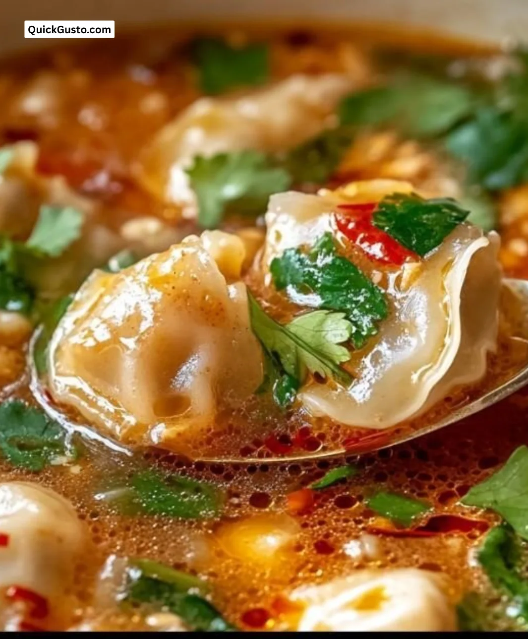 Bowl of Thai Potsticker Soup with dumplings and fresh herbs