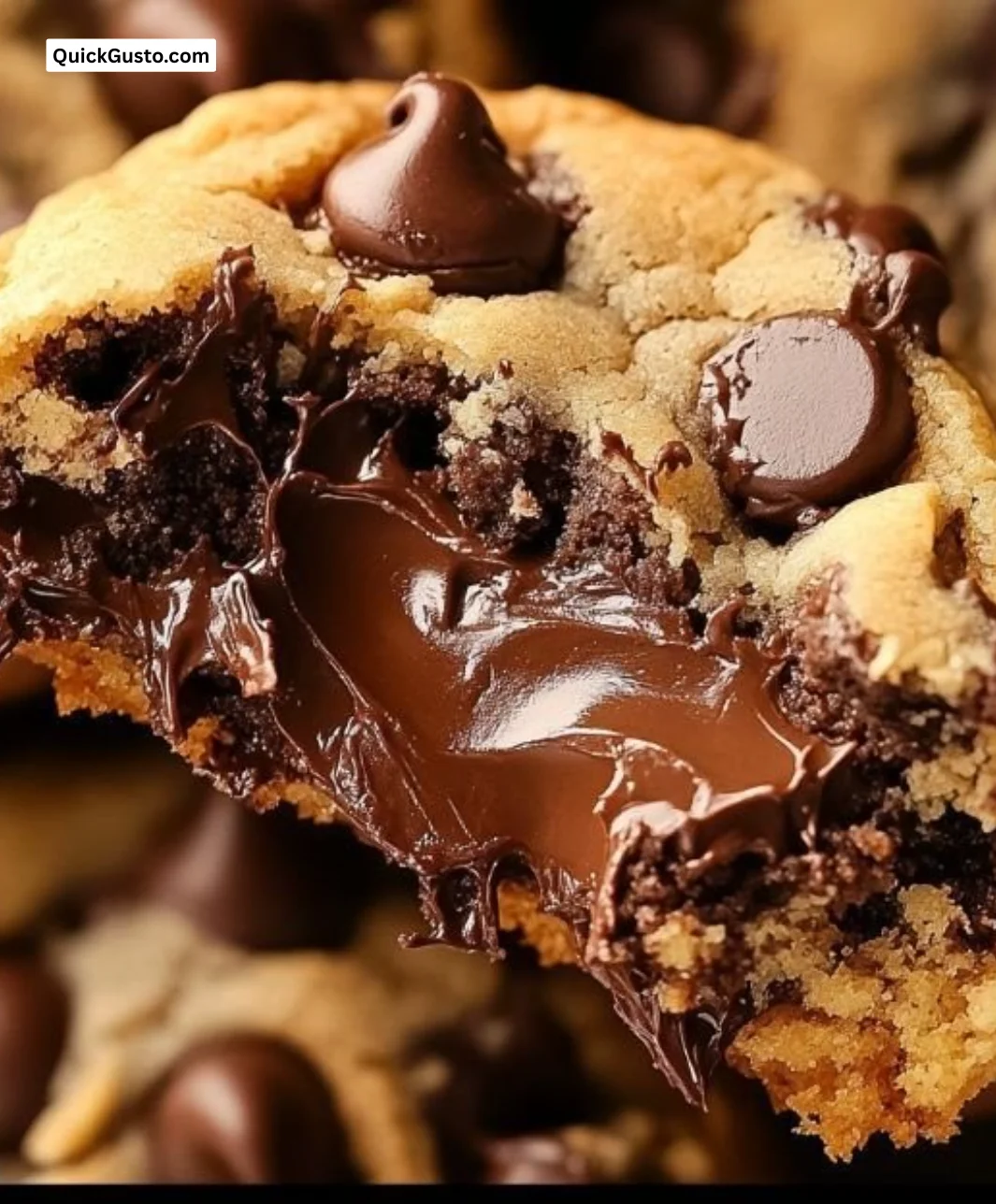 Thick chocolate chip cookies on a cooling rack, fresh from the oven.