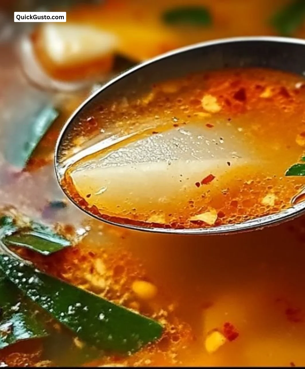 Delicious bowl of Tom Yum Soup with shrimp, mushrooms, and fresh herbs.