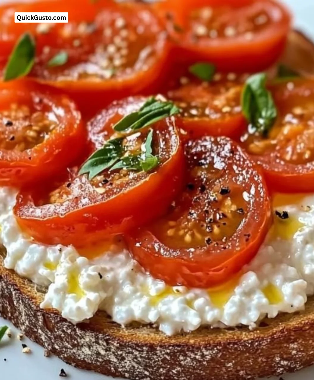 Delicious Tomato and Cottage Cheese Toast garnished with herbs on a plate.