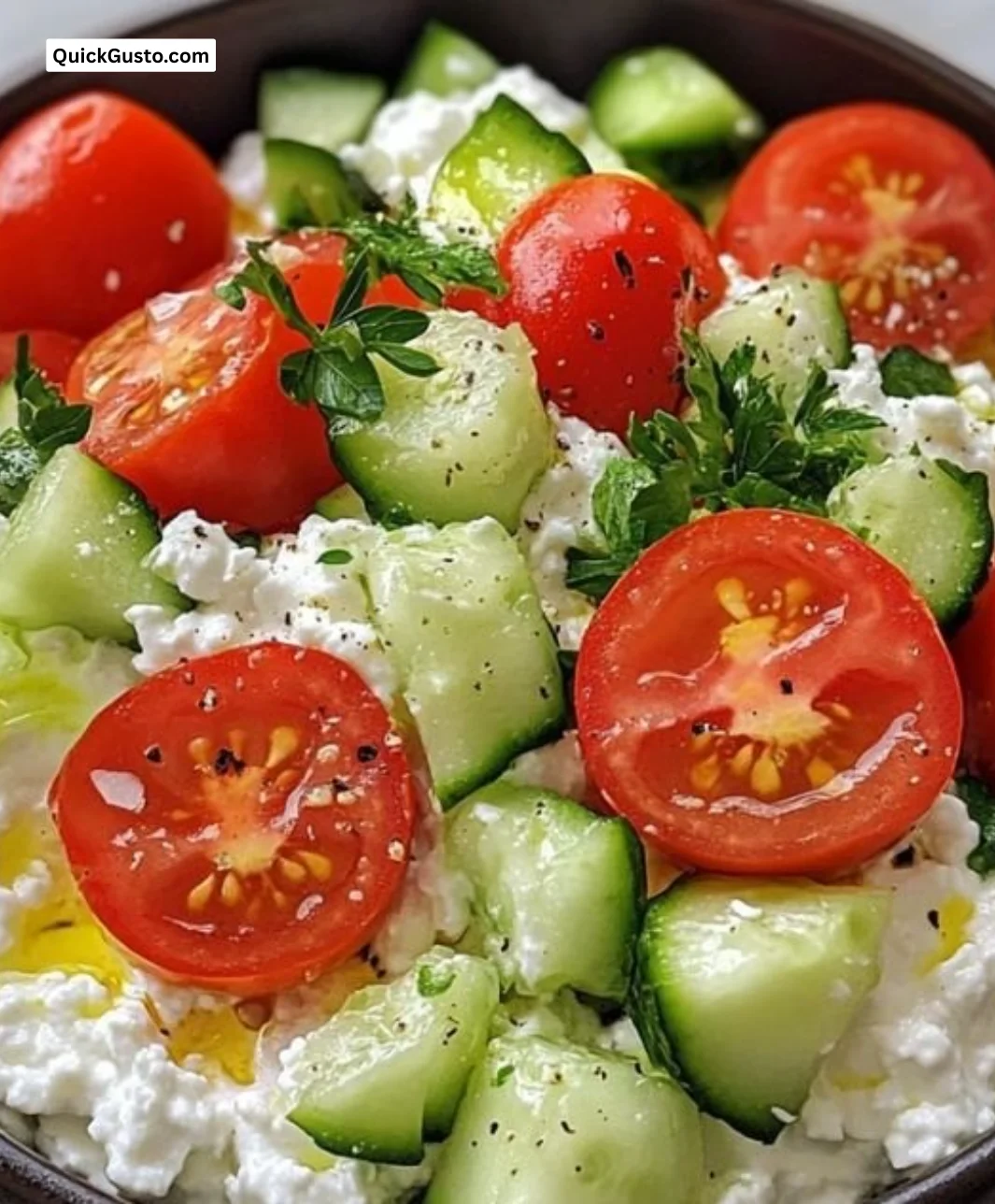 Tomato and cucumber cottage cheese delight dish on a plate