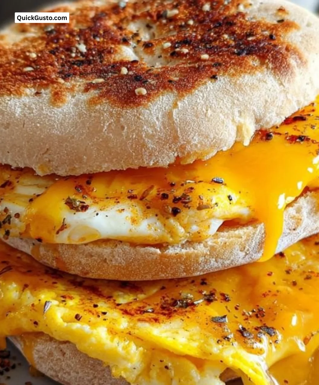 Viral egg sandwich muffin topped with cheese and fresh herbs, ready to serve.