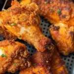Delicious air fryer fried chicken served on a plate with dipping sauce