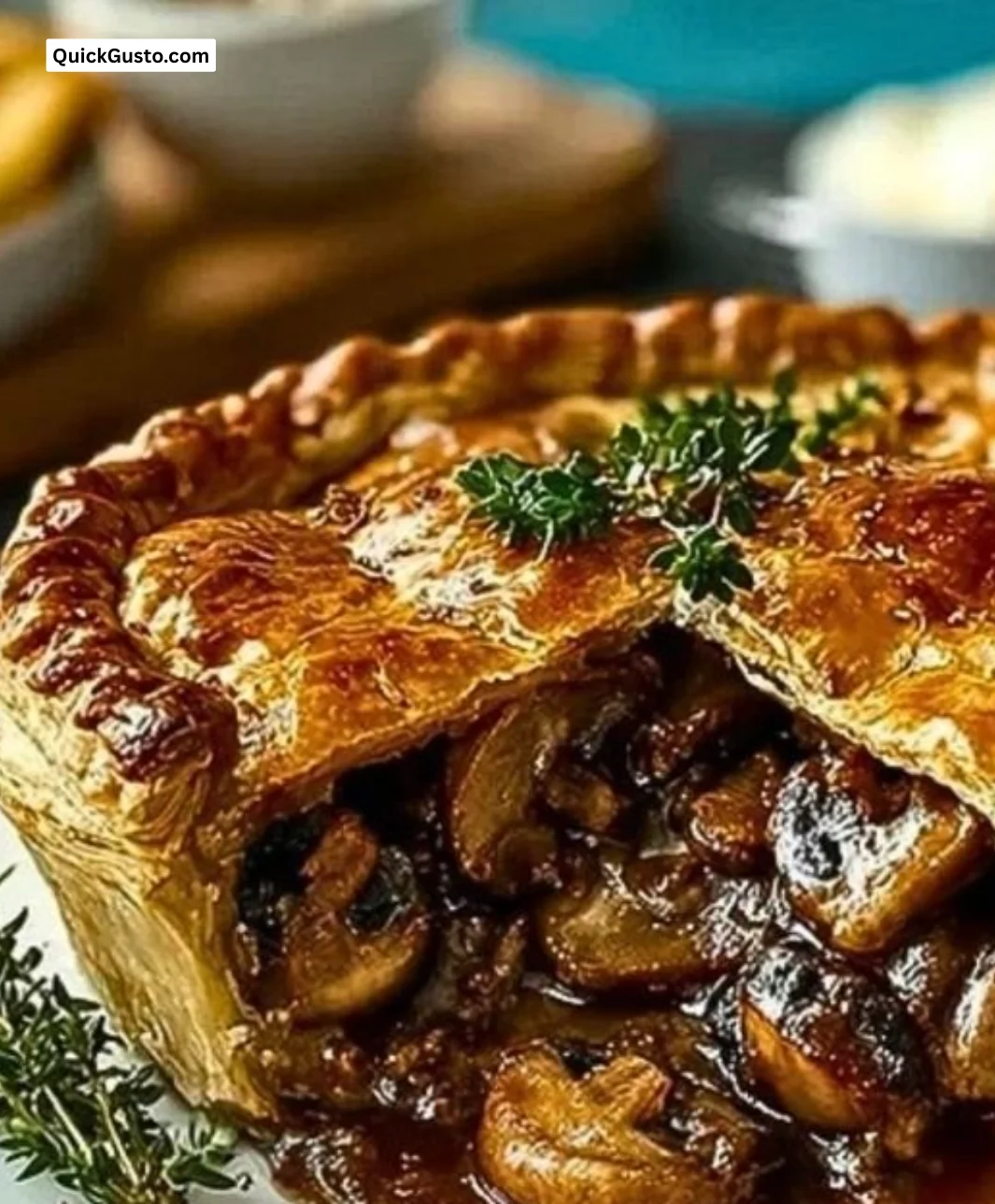 Delicious beef and mushroom pie served in a rustic dish