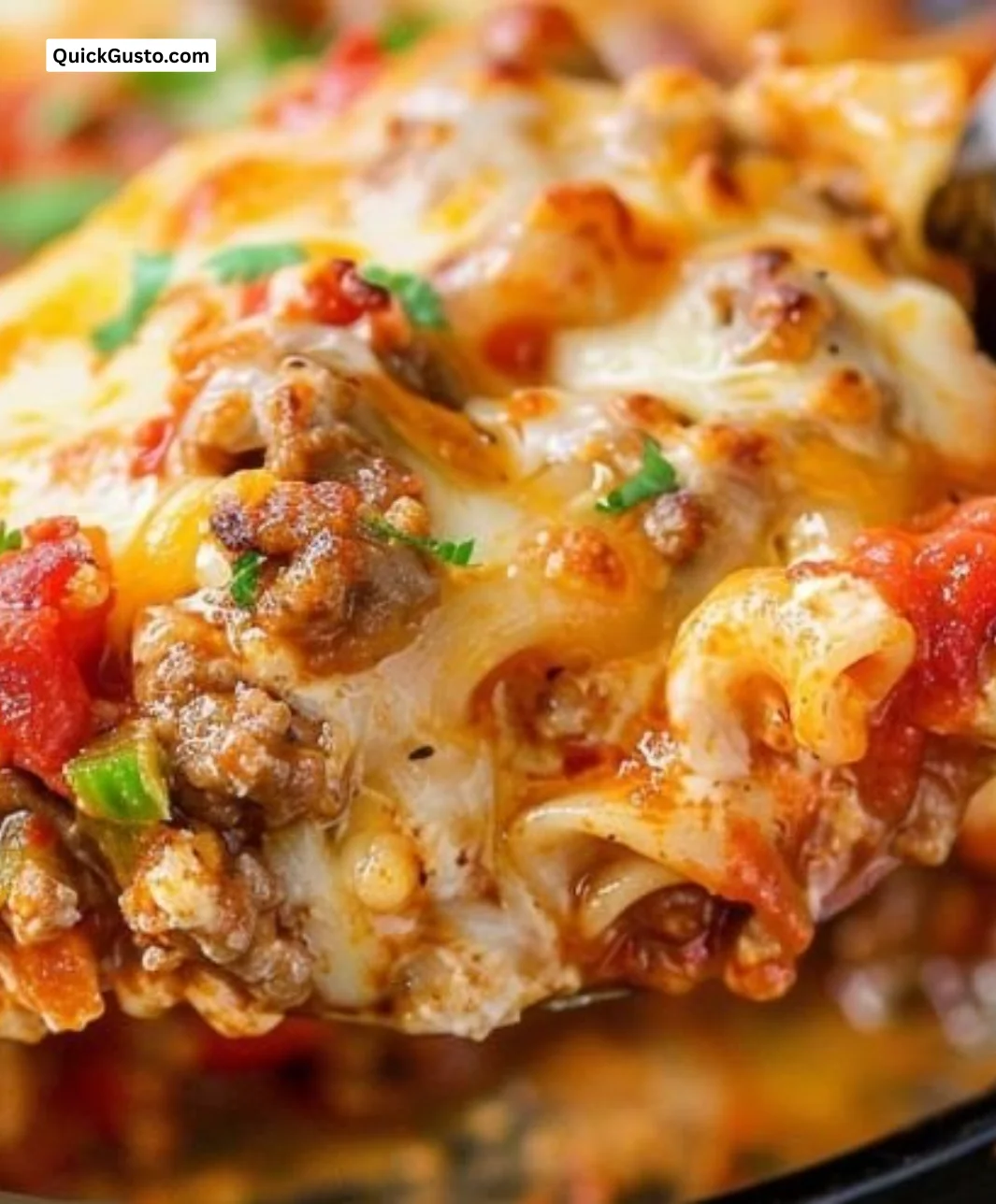 Delicious Beef Lombardi Casserole topped with golden cheese