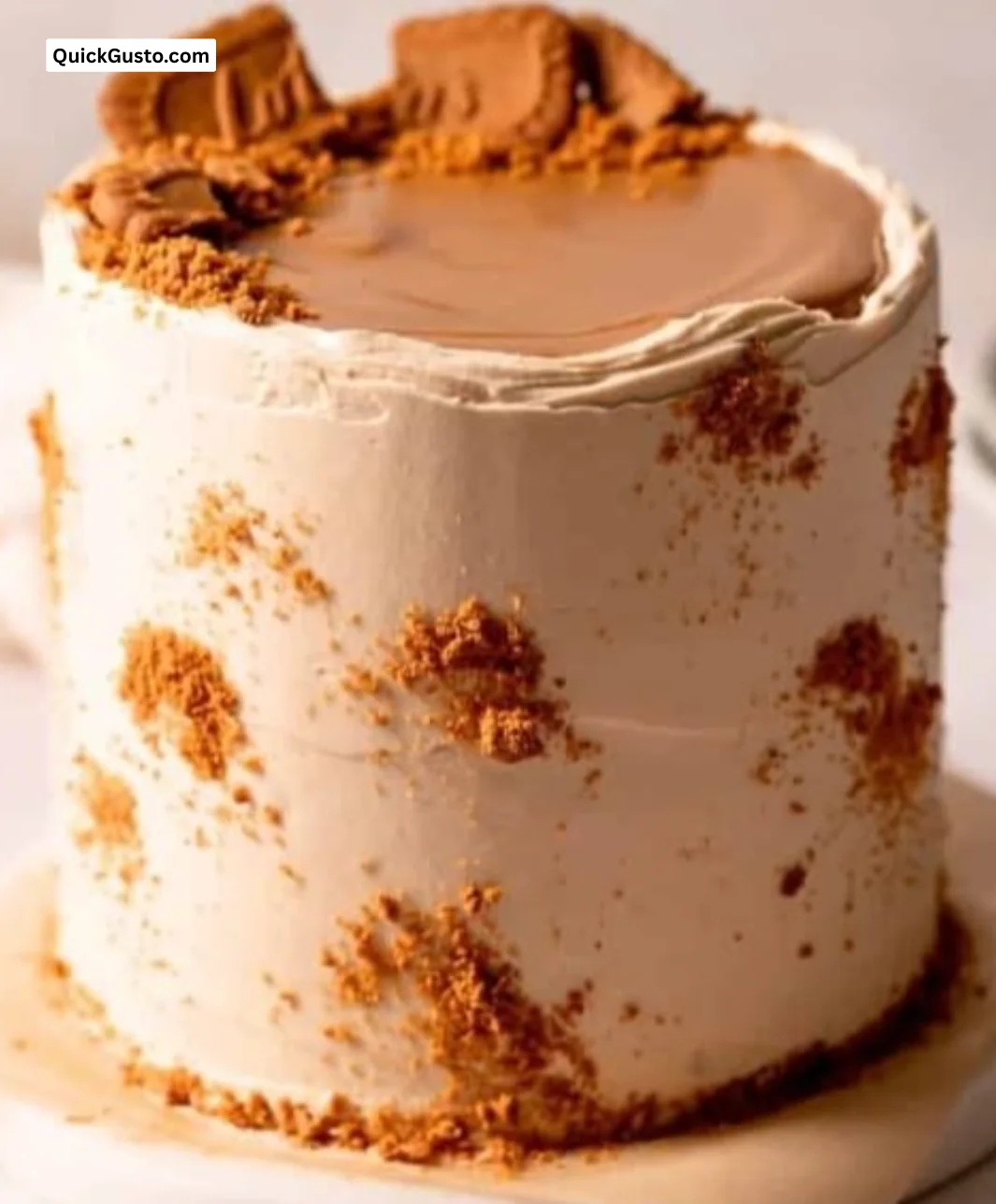 Slice of Biscoff Cookie Butter Cake with creamy frosting on a plate