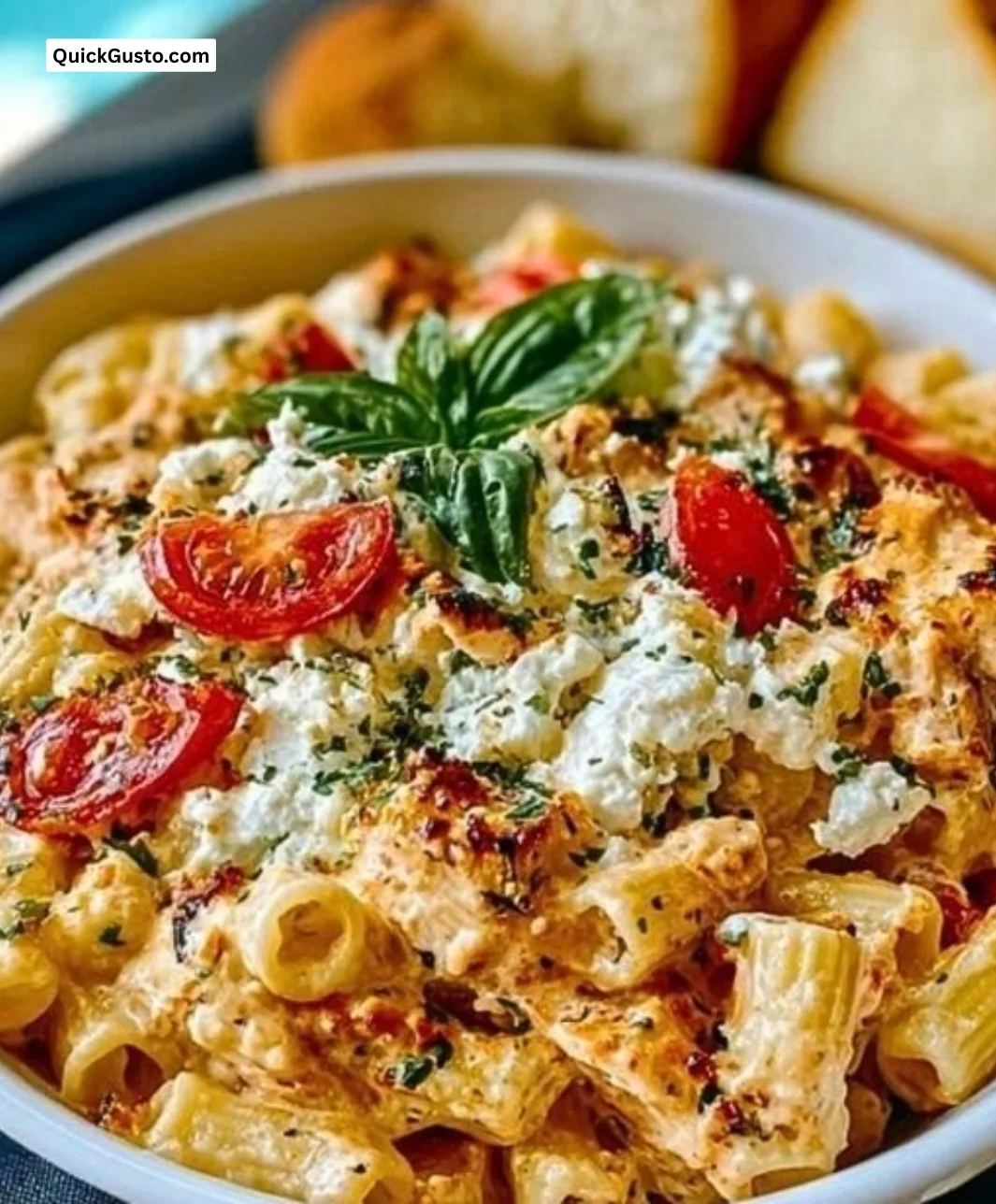 Boursin cheese baked pasta in a dish, garnished with herbs.